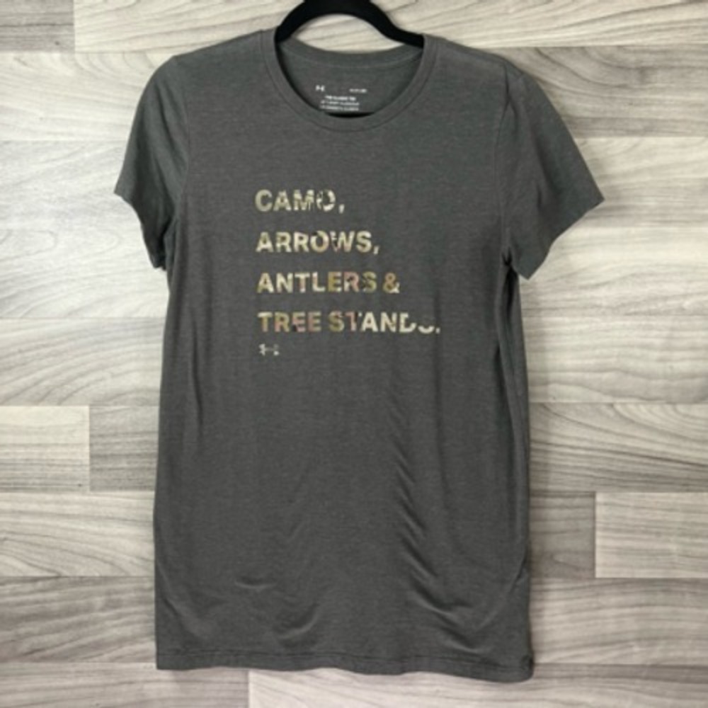 Under Armour T-Shirt Womens‎ S Gray Camo Arrows Antlers Tree Stands Short Sleeve